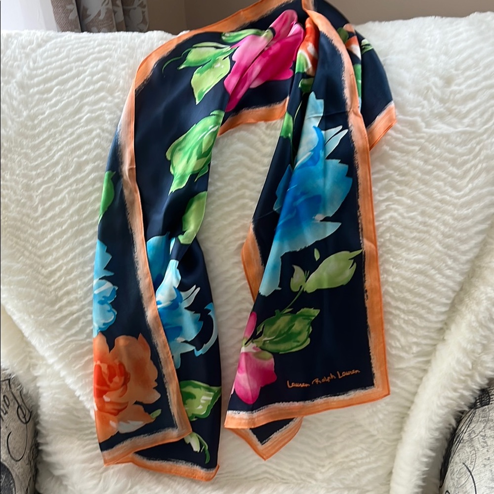 Floral Navy Silk Scarf with Orange Trim